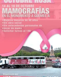 CÁNCER DE MAMA: EL HOSPITAL SAN BERNARDO Y EL CAMIÓN ONCOLÓGICO REALIZARÁN MAMOGRAFÍAS EN EL MONUMENTO GÜEMES