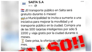 SAETA desmiente cuenta falsa que busca estafar a los salteños