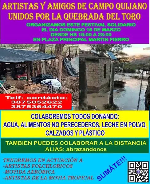 Ayuda a La Quebrada del Toro: Invitan a un festival solidario con música y donaciones