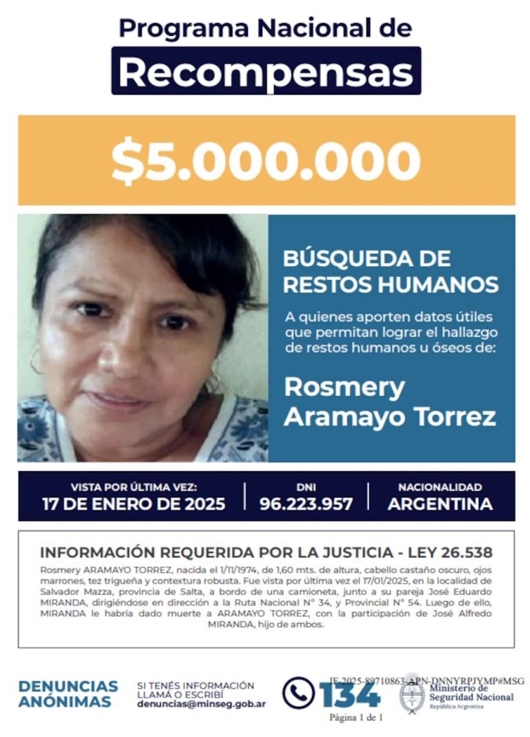 Se oficializó la recompensa para quien aporte datos ciertos sobre una mujer desaparecida en Salvador Mazza