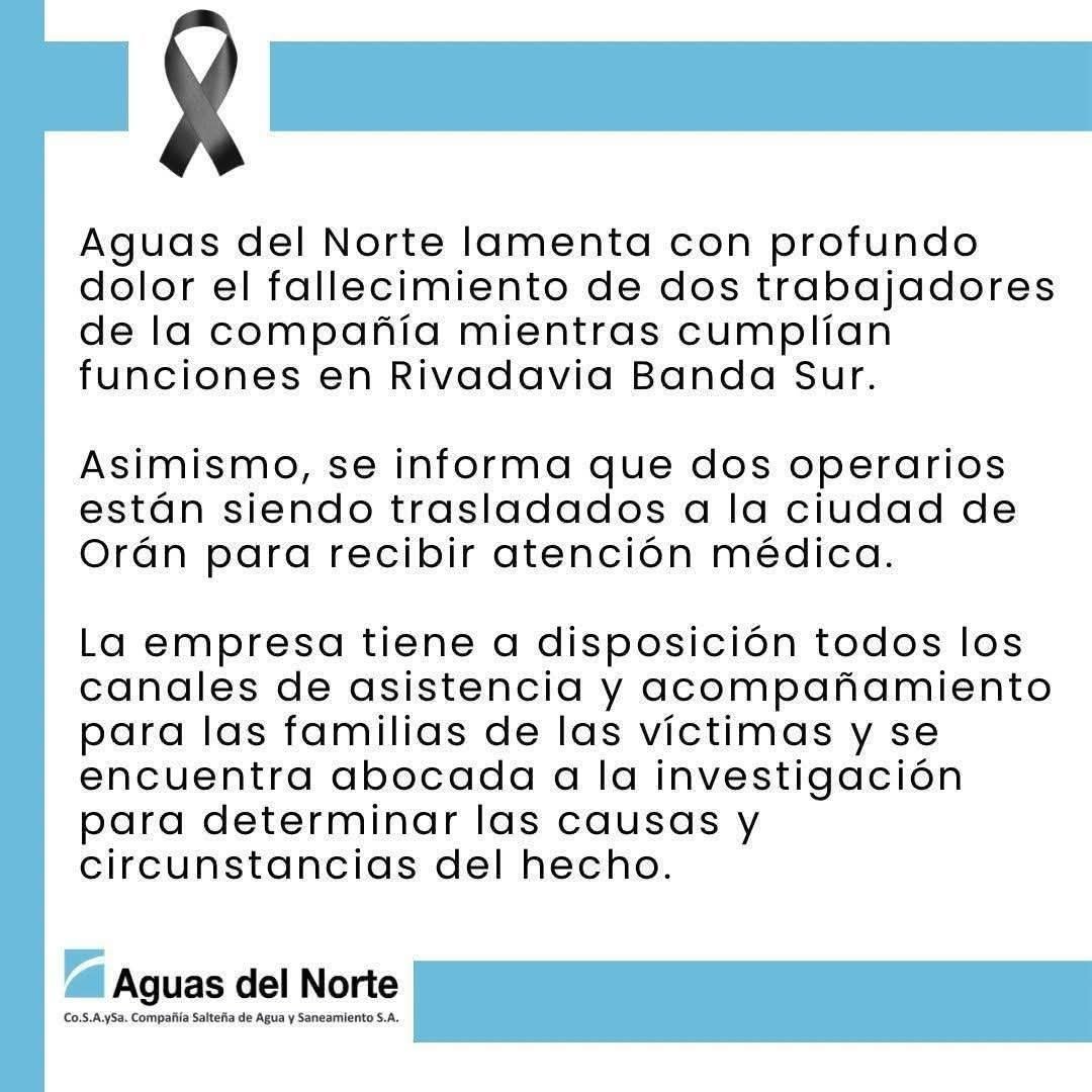 Murieron dos operarios de Aguas del Norte y uno está grave