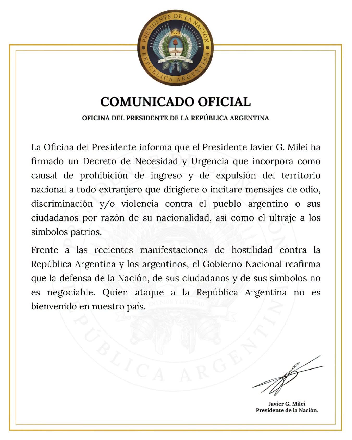 DNU para expulsar a extranjeros que «inciten al odio» contra la Argentina