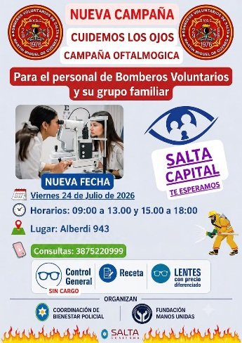 Bomberos Voluntarios de Salta realizan hoy una campaña oftalmológica gratuita para su personal y sus familias